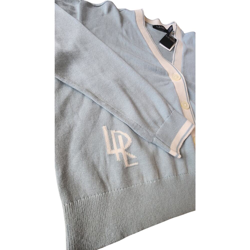 Black Label Ralph Lauren Blue Cream Cropped V Neck Cardigan Sweater Women Large - Picture 3 of 10
